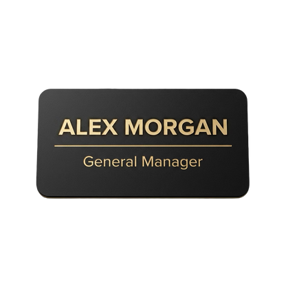 Restaurant Server & Staff Name Tag — Front of House (Custom) in Black / Gold — LAMOSE custom laser-engraved professional name tag, Trotec Trolase two-layer acrylic laminate (1.5 × 3 in.), made in Calgary, Canada since 2017.
