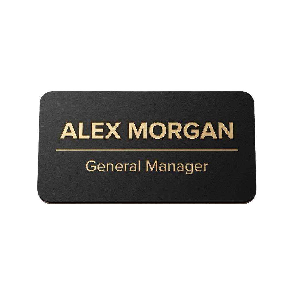 Salon & Spa Name Tag — Stylist / Therapist / Receptionist (Custom) in Black / Gold — LAMOSE custom laser-engraved professional name tag, Trotec Trolase two-layer acrylic laminate (1.5 × 3 in.), made in Calgary, Canada since 2017.