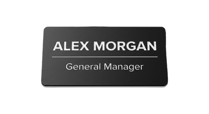 Bank & Financial Services Name Tag — Advisor / Teller / Manager in Black / White — LAMOSE custom laser-engraved professional name tag, Trotec Trolase two-layer acrylic laminate (1.5 × 3 in.), made in Calgary, Canada since 2017.