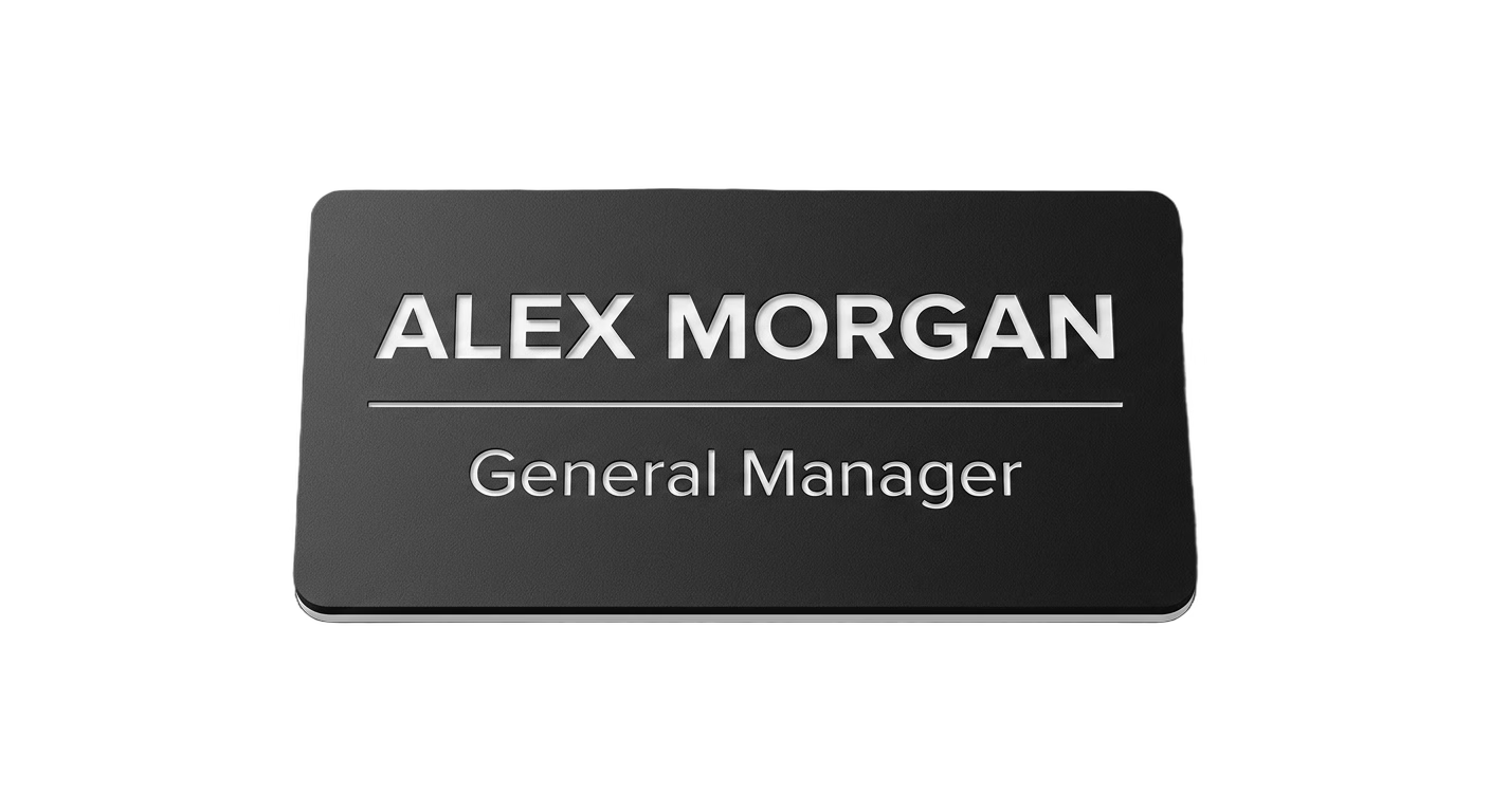 Conference Speaker & Staff Name Tag — Event Badge (Custom) in Black / White — LAMOSE custom laser-engraved professional name tag, Trotec Trolase two-layer acrylic laminate (1.5 × 3 in.), made in Calgary, Canada since 2017.
