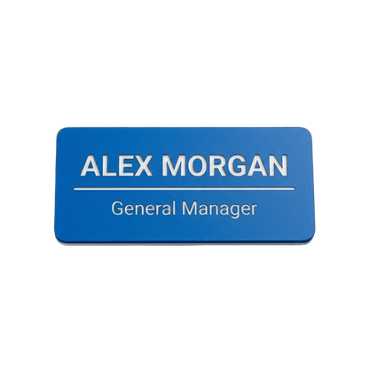 Non-Profit Name Tag — Volunteer / Staff / Director (Custom) in Blue / White — LAMOSE custom laser-engraved professional name tag, Trotec Trolase two-layer acrylic laminate (1.5 × 3 in.), made in Calgary, Canada since 2017.