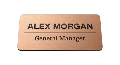 Non-Profit Name Tag — Volunteer / Staff / Director (Custom) in Brushed Copper / Black — LAMOSE custom laser-engraved professional name tag, Trotec Trolase two-layer acrylic laminate (1.5 × 3 in.), made in Calgary, Canada since 2017.