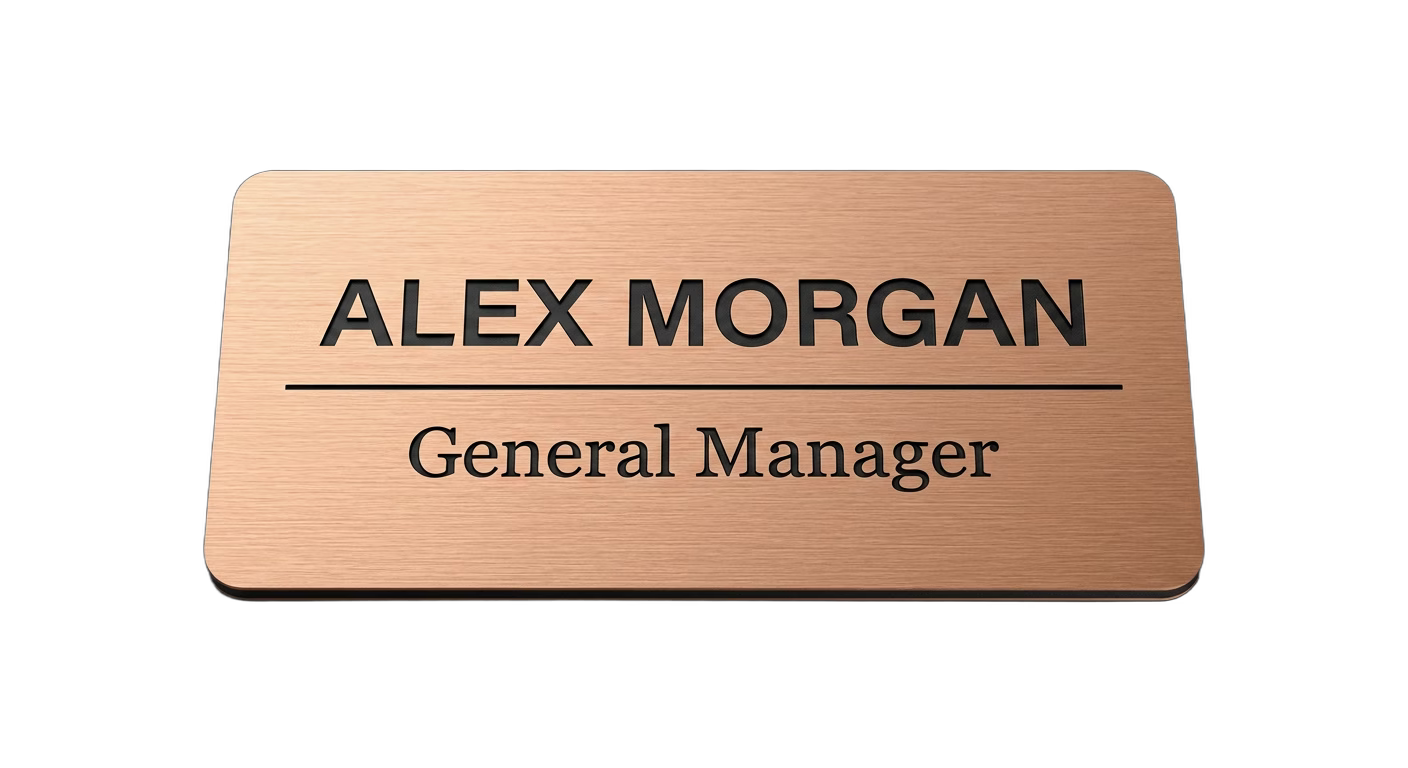 Conference Speaker & Staff Name Tag — Event Badge (Custom) in Brushed Copper / Black — LAMOSE custom laser-engraved professional name tag, Trotec Trolase two-layer acrylic laminate (1.5 × 3 in.), made in Calgary, Canada since 2017.