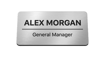 Real Estate Agent Name Tag — Realtor® Open House Badge in Brushed Silver / Black — LAMOSE custom laser-engraved professional name tag, Trotec Trolase two-layer acrylic laminate (1.5 × 3 in.), made in Calgary, Canada since 2017.