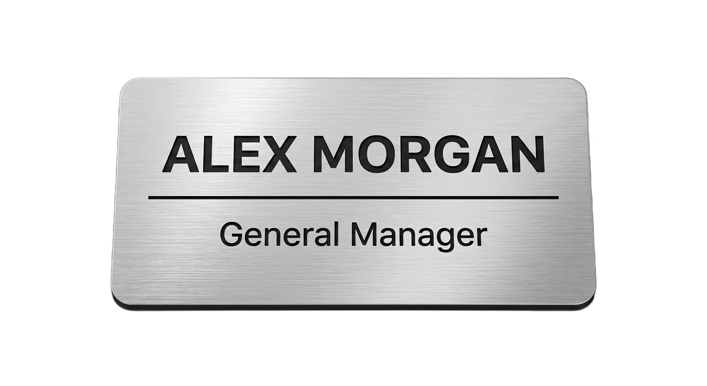 Healthcare Name Tag — Nurse / RN / Medical Staff (Custom Engraved) in Brushed Silver / Black — LAMOSE custom laser-engraved professional name tag, Trotec Trolase two-layer acrylic laminate (1.5 × 3 in.), made in Calgary, Canada since 2017.
