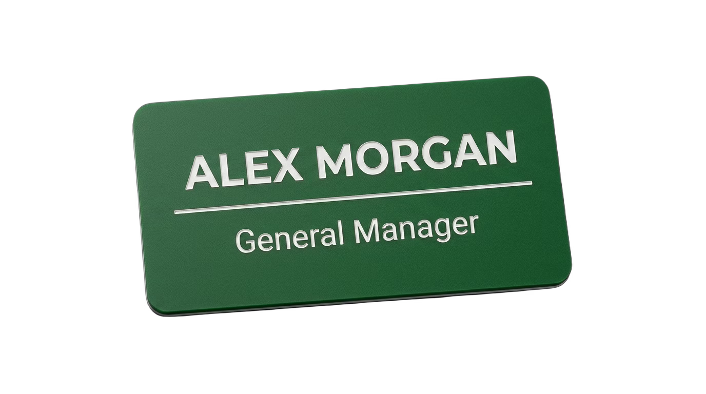 Dental Office Name Tag — Hygienist / Assistant / Dentist (Custom) in Green / White — LAMOSE custom laser-engraved professional name tag, Trotec Trolase two-layer acrylic laminate (1.5 × 3 in.), made in Calgary, Canada since 2017.