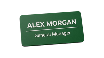Real Estate Agent Name Tag — Realtor® Open House Badge in Green / White — LAMOSE custom laser-engraved professional name tag, Trotec Trolase two-layer acrylic laminate (1.5 × 3 in.), made in Calgary, Canada since 2017.