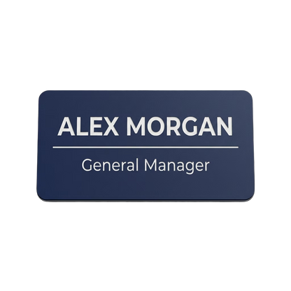 Salon & Spa Name Tag — Stylist / Therapist / Receptionist (Custom) in Navy Blue / White — LAMOSE custom laser-engraved professional name tag, Trotec Trolase two-layer acrylic laminate (1.5 × 3 in.), made in Calgary, Canada since 2017.