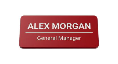 Teacher / School Staff Name Tag — Classroom & Conference Ready in Red / White — LAMOSE custom laser-engraved professional name tag, Trotec Trolase two-layer acrylic laminate (1.5 × 3 in.), made in Calgary, Canada since 2017.