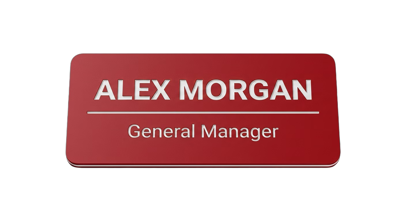 Bank & Financial Services Name Tag — Advisor / Teller / Manager in Red / White — LAMOSE custom laser-engraved professional name tag, Trotec Trolase two-layer acrylic laminate (1.5 × 3 in.), made in Calgary, Canada since 2017.