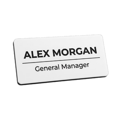 Hotel & Hospitality Name Tag — Concierge / Front Desk / Guest Services in White / Black — LAMOSE custom laser-engraved professional name tag, Trotec Trolase two-layer acrylic laminate (1.5 × 3 in.), made in Calgary, Canada since 2017.