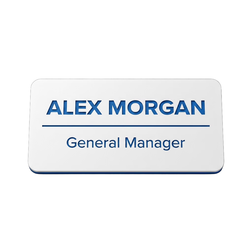 Dental Office Name Tag — Hygienist / Assistant / Dentist (Custom) in White / Blue — LAMOSE custom laser-engraved professional name tag, Trotec Trolase two-layer acrylic laminate (1.5 × 3 in.), made in Calgary, Canada since 2017.