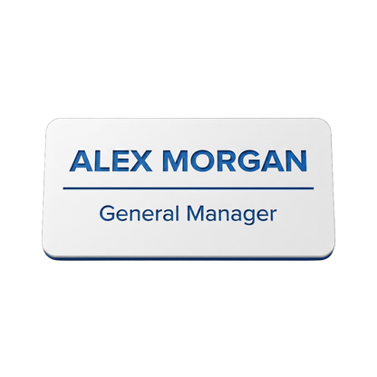 Dental Office Name Tag — Hygienist / Assistant / Dentist (Custom) in White / Blue — LAMOSE custom laser-engraved professional name tag, Trotec Trolase two-layer acrylic laminate (1.5 × 3 in.), made in Calgary, Canada since 2017.