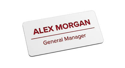 Non-Profit Name Tag — Volunteer / Staff / Director (Custom) in White / Red — LAMOSE custom laser-engraved professional name tag, Trotec Trolase two-layer acrylic laminate (1.5 × 3 in.), made in Calgary, Canada since 2017.