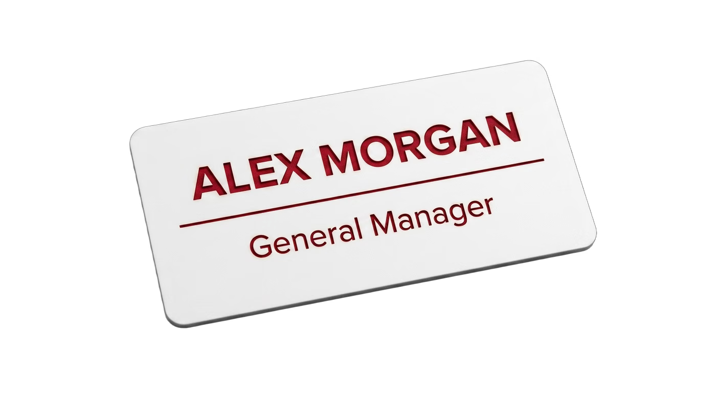 Dental Office Name Tag — Hygienist / Assistant / Dentist (Custom) in White / Red — LAMOSE custom laser-engraved professional name tag, Trotec Trolase two-layer acrylic laminate (1.5 × 3 in.), made in Calgary, Canada since 2017.