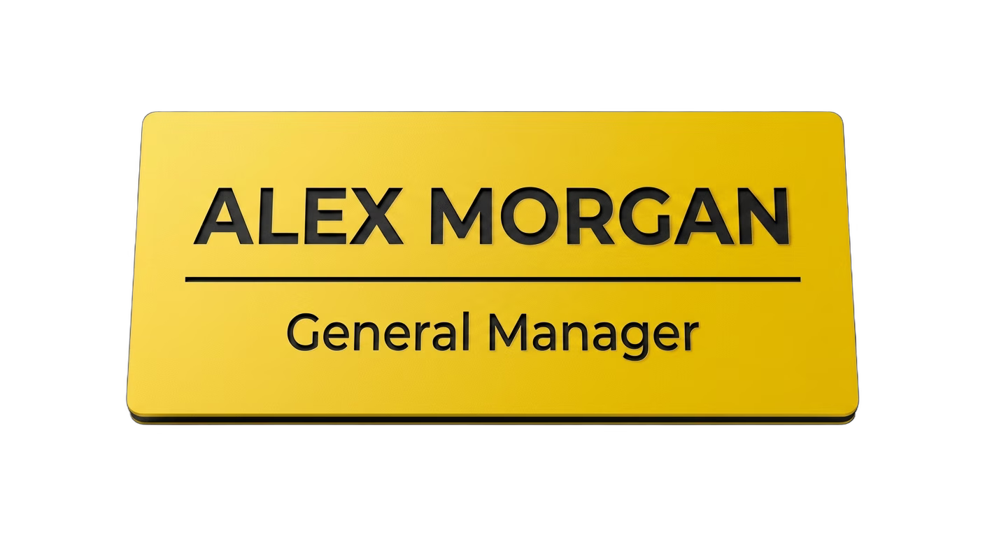Non-Profit Name Tag — Volunteer / Staff / Director (Custom) in Yellow / Black — LAMOSE custom laser-engraved professional name tag, Trotec Trolase two-layer acrylic laminate (1.5 × 3 in.), made in Calgary, Canada since 2017.