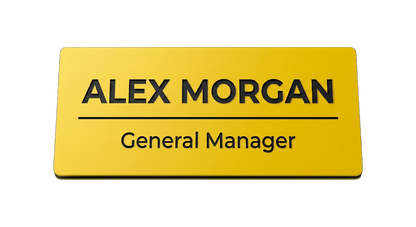 Real Estate Agent Name Tag — Realtor® Open House Badge in Yellow / Black — LAMOSE custom laser-engraved professional name tag, Trotec Trolase two-layer acrylic laminate (1.5 × 3 in.), made in Calgary, Canada since 2017.