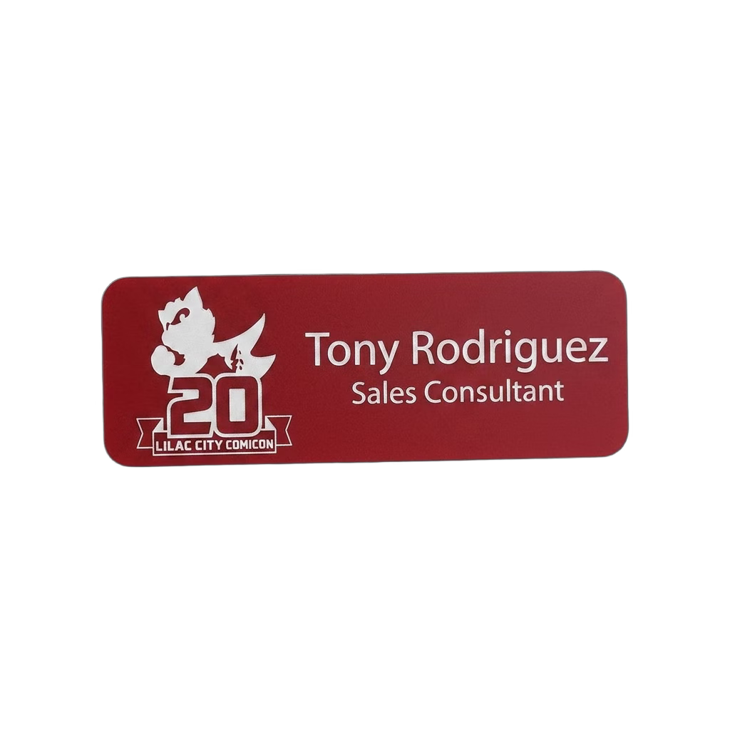 Auto Dealership Name Tag — Sales / Service / Finance (Custom) in Red / White — LAMOSE custom laser-engraved professional name tag, Trotec Trolase two-layer acrylic laminate (1.5 × 3 in.), made in Calgary, Canada since 2017.