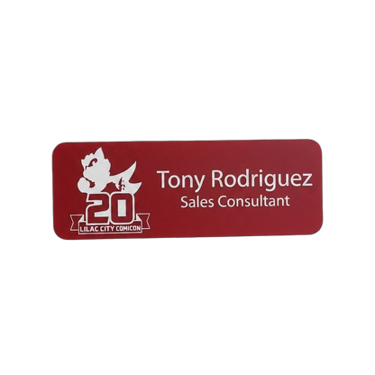 Auto Dealership Name Tag — Sales / Service / Finance (Custom) in Red / White — LAMOSE custom laser-engraved professional name tag, Trotec Trolase two-layer acrylic laminate (1.5 × 3 in.), made in Calgary, Canada since 2017.