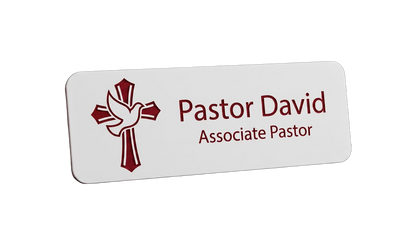 Church & Ministry Name Tag — Pastor / Staff / Greeter (Custom) in White / Red — LAMOSE custom laser-engraved professional name tag, Trotec Trolase two-layer acrylic laminate (1.5 × 3 in.), made in Calgary, Canada since 2017.