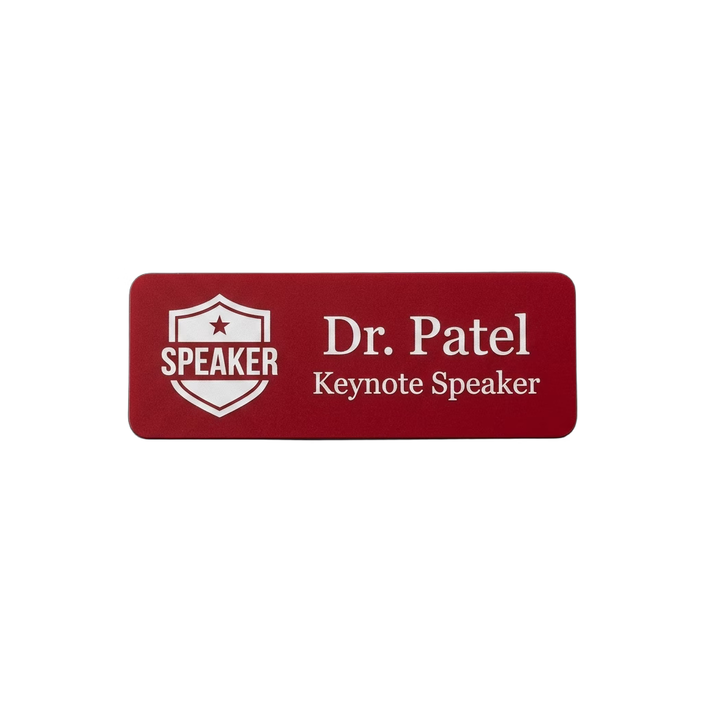 Conference Speaker & Staff Name Tag — Event Badge (Custom) in Red / White — LAMOSE custom laser-engraved professional name tag, Trotec Trolase two-layer acrylic laminate (1.5 × 3 in.), made in Calgary, Canada since 2017.