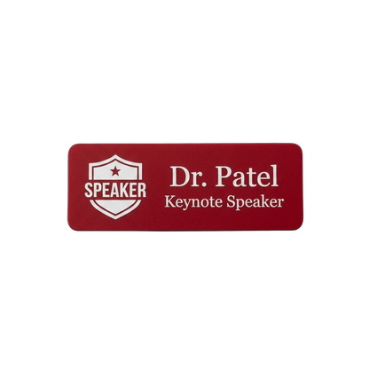 Conference Speaker & Staff Name Tag — Event Badge (Custom) in Red / White — LAMOSE custom laser-engraved professional name tag, Trotec Trolase two-layer acrylic laminate (1.5 × 3 in.), made in Calgary, Canada since 2017.