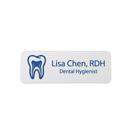 Dental Office Name Tag — Hygienist / Assistant / Dentist (Custom) in White / Blue — LAMOSE custom laser-engraved professional name tag, Trotec Trolase two-layer acrylic laminate (1.5 × 3 in.), made in Calgary, Canada since 2017.