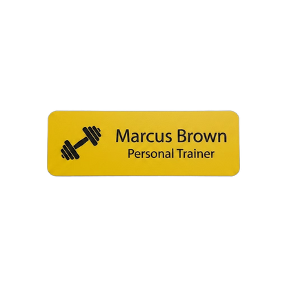 Fitness / Gym Name Tag — Personal Trainer / Coach / Front Desk (Custom) in Yellow / Black — LAMOSE custom laser-engraved professional name tag, Trotec Trolase two-layer acrylic laminate (1.5 × 3 in.), made in Calgary, Canada since 2017.