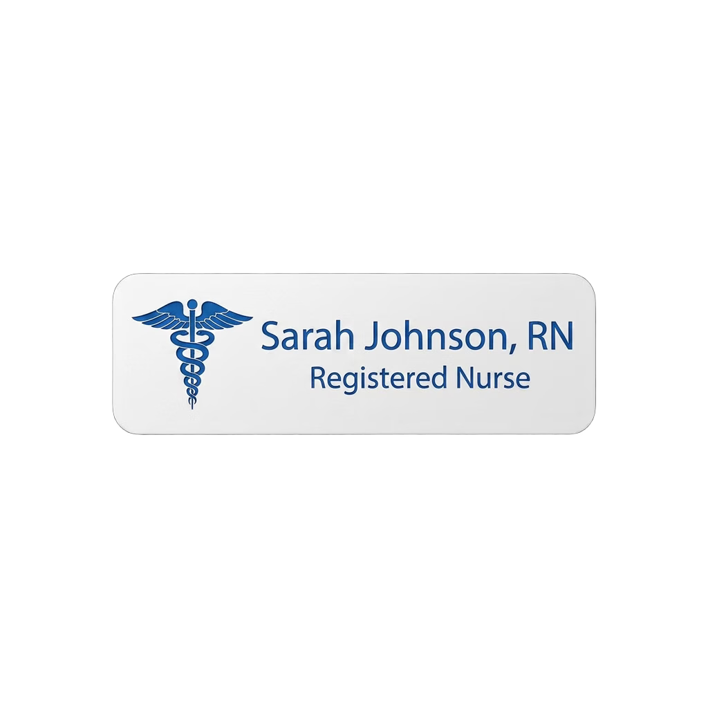Healthcare Name Tag — Nurse / RN / Medical Staff (Custom Engraved) in White / Blue — LAMOSE custom laser-engraved professional name tag, Trotec Trolase two-layer acrylic laminate (1.5 × 3 in.), made in Calgary, Canada since 2017.