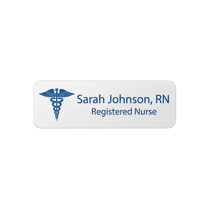 Healthcare Name Tag — Nurse / RN / Medical Staff (Custom Engraved) in White / Blue — LAMOSE custom laser-engraved professional name tag, Trotec Trolase two-layer acrylic laminate (1.5 × 3 in.), made in Calgary, Canada since 2017.