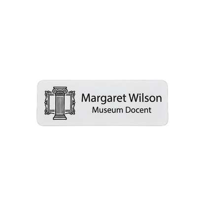 Museum / Gallery Docent Name Tag — Staff Identification (Custom) in White / Black — LAMOSE custom laser-engraved professional name tag, Trotec Trolase two-layer acrylic laminate (1.5 × 3 in.), made in Calgary, Canada since 2017.