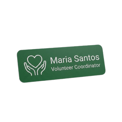 Non-Profit Name Tag — Volunteer / Staff / Director (Custom) in Green / White — LAMOSE custom laser-engraved professional name tag, Trotec Trolase two-layer acrylic laminate (1.5 × 3 in.), made in Calgary, Canada since 2017.