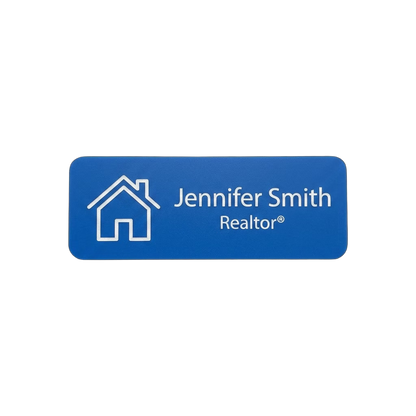 Real Estate Agent Name Tag — Realtor® Open House Badge in Blue / White — LAMOSE custom laser-engraved professional name tag, Trotec Trolase two-layer acrylic laminate (1.5 × 3 in.), made in Calgary, Canada since 2017.