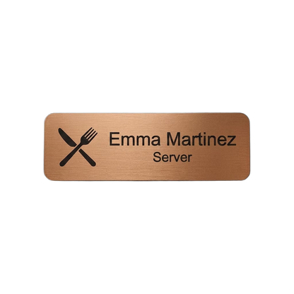 Restaurant Server & Staff Name Tag — Front of House (Custom) in Brushed Copper / Black — LAMOSE custom laser-engraved professional name tag, Trotec Trolase two-layer acrylic laminate (1.5 × 3 in.), made in Calgary, Canada since 2017.