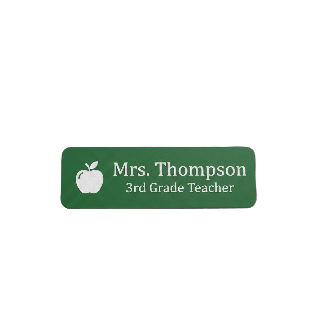 Teacher / School Staff Name Tag — Classroom & Conference Ready in Green / White — LAMOSE custom laser-engraved professional name tag, Trotec Trolase two-layer acrylic laminate (1.5 × 3 in.), made in Calgary, Canada since 2017.