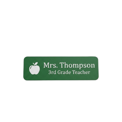 Teacher / School Staff Name Tag — Classroom & Conference Ready in Green / White — LAMOSE custom laser-engraved professional name tag, Trotec Trolase two-layer acrylic laminate (1.5 × 3 in.), made in Calgary, Canada since 2017.