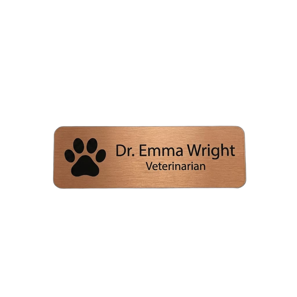 Veterinary Clinic Name Tag — Vet / Tech / Assistant (Custom) in Brushed Copper / Black — LAMOSE custom laser-engraved professional name tag, Trotec Trolase two-layer acrylic laminate (1.5 × 3 in.), made in Calgary, Canada since 2017.