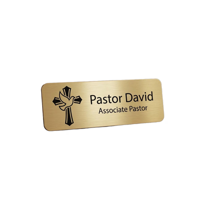 Church & Ministry Name Tag — Pastor / Staff / Greeter (Custom) — LAMOSE custom laser-engraved professional name tag, Trotec Trolase two-layer acrylic laminate (1.5 × 3 in.) in Brushed Gold with Black engraving, made in Calgary, Canada since 2017.