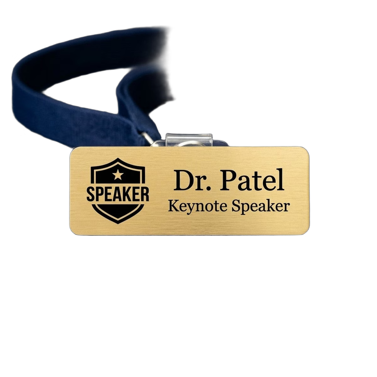 Conference Speaker & Staff Name Tag — Event Badge (Custom) — LAMOSE custom laser-engraved professional name tag, Trotec Trolase two-layer acrylic laminate (1.5 × 3 in.) in Brushed Gold with Black engraving, made in Calgary, Canada since 2017.