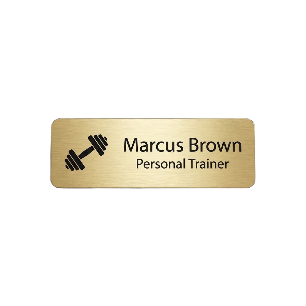 Fitness / Gym Name Tag — Personal Trainer / Coach / Front Desk (Custom) — LAMOSE custom laser-engraved professional name tag, Trotec Trolase two-layer acrylic laminate (1.5 × 3 in.) in Brushed Gold with Black engraving, made in Calgary, Canada since 2017.