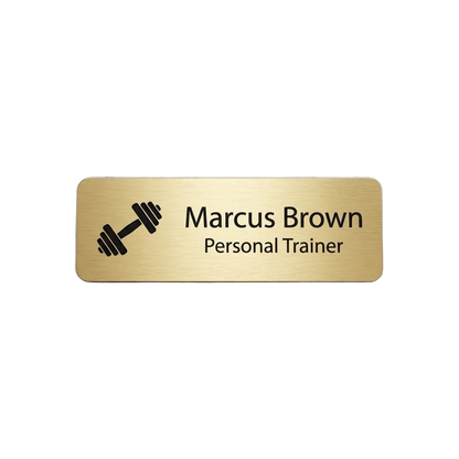 Fitness / Gym Name Tag — Personal Trainer / Coach / Front Desk (Custom) — LAMOSE custom laser-engraved professional name tag, Trotec Trolase two-layer acrylic laminate (1.5 × 3 in.) in Brushed Gold with Black engraving, made in Calgary, Canada since 2017.