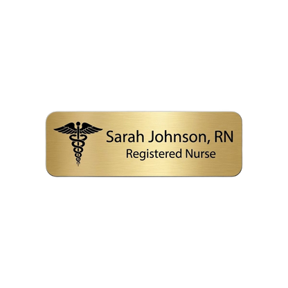 Healthcare Name Tag — Nurse / RN / Medical Staff (Custom Engraved) — LAMOSE custom laser-engraved professional name tag, Trotec Trolase two-layer acrylic laminate (1.5 × 3 in.) in Brushed Gold with Black engraving, made in Calgary, Canada since 2017.