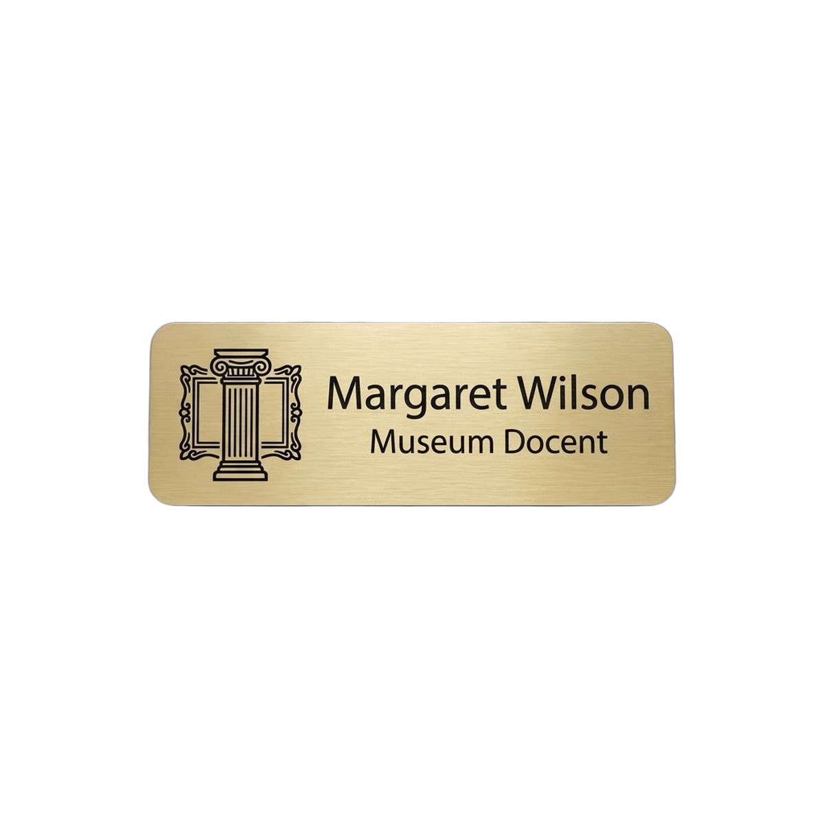 Museum / Gallery Docent Name Tag — Staff Identification (Custom) — LAMOSE custom laser-engraved professional name tag, Trotec Trolase two-layer acrylic laminate (1.5 × 3 in.) in Brushed Gold with Black engraving, made in Calgary, Canada since 2017.