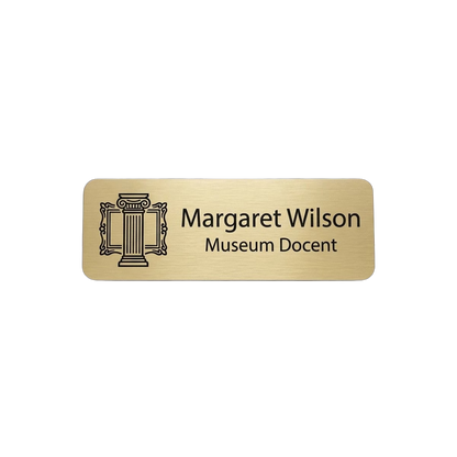 Museum / Gallery Docent Name Tag — Staff Identification (Custom) — LAMOSE custom laser-engraved professional name tag, Trotec Trolase two-layer acrylic laminate (1.5 × 3 in.) in Brushed Gold with Black engraving, made in Calgary, Canada since 2017.