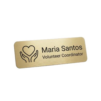 Non-Profit Name Tag — Volunteer / Staff / Director (Custom) — LAMOSE custom laser-engraved professional name tag, Trotec Trolase two-layer acrylic laminate (1.5 × 3 in.) in Brushed Gold with Black engraving, made in Calgary, Canada since 2017.