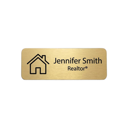 Real Estate Agent Name Tag — Realtor® Open House Badge — LAMOSE custom laser-engraved professional name tag, Trotec Trolase two-layer acrylic laminate (1.5 × 3 in.) in Brushed Gold with Black engraving, made in Calgary, Canada since 2017.