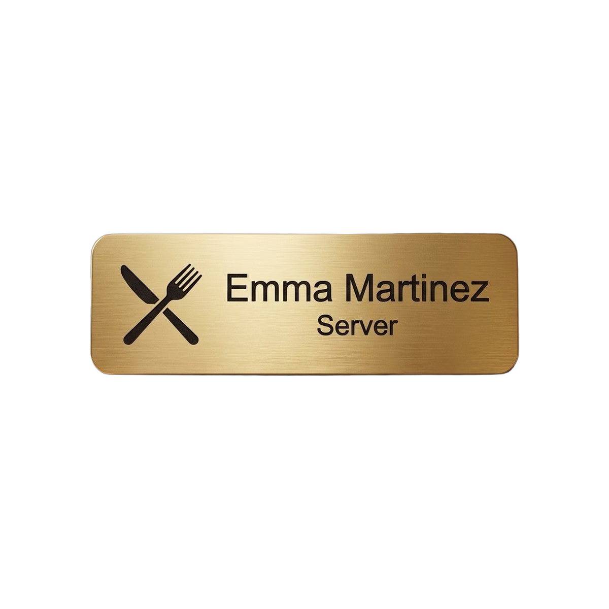 Restaurant Server & Staff Name Tag — Front of House (Custom) — LAMOSE custom laser-engraved professional name tag, Trotec Trolase two-layer acrylic laminate (1.5 × 3 in.) in Brushed Gold with Black engraving, made in Calgary, Canada since 2017.