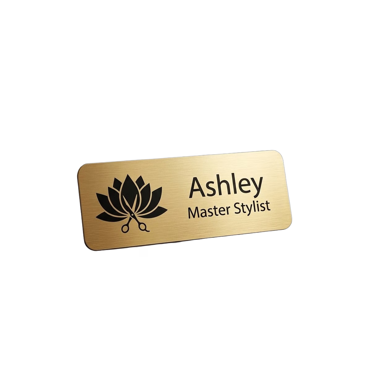 Salon & Spa Name Tag — Stylist / Therapist / Receptionist (Custom) — LAMOSE custom laser-engraved professional name tag, Trotec Trolase two-layer acrylic laminate (1.5 × 3 in.) in Brushed Gold with Black engraving, made in Calgary, Canada since 2017.