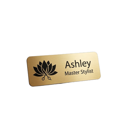 Salon & Spa Name Tag — Stylist / Therapist / Receptionist (Custom) — LAMOSE custom laser-engraved professional name tag, Trotec Trolase two-layer acrylic laminate (1.5 × 3 in.) in Brushed Gold with Black engraving, made in Calgary, Canada since 2017.