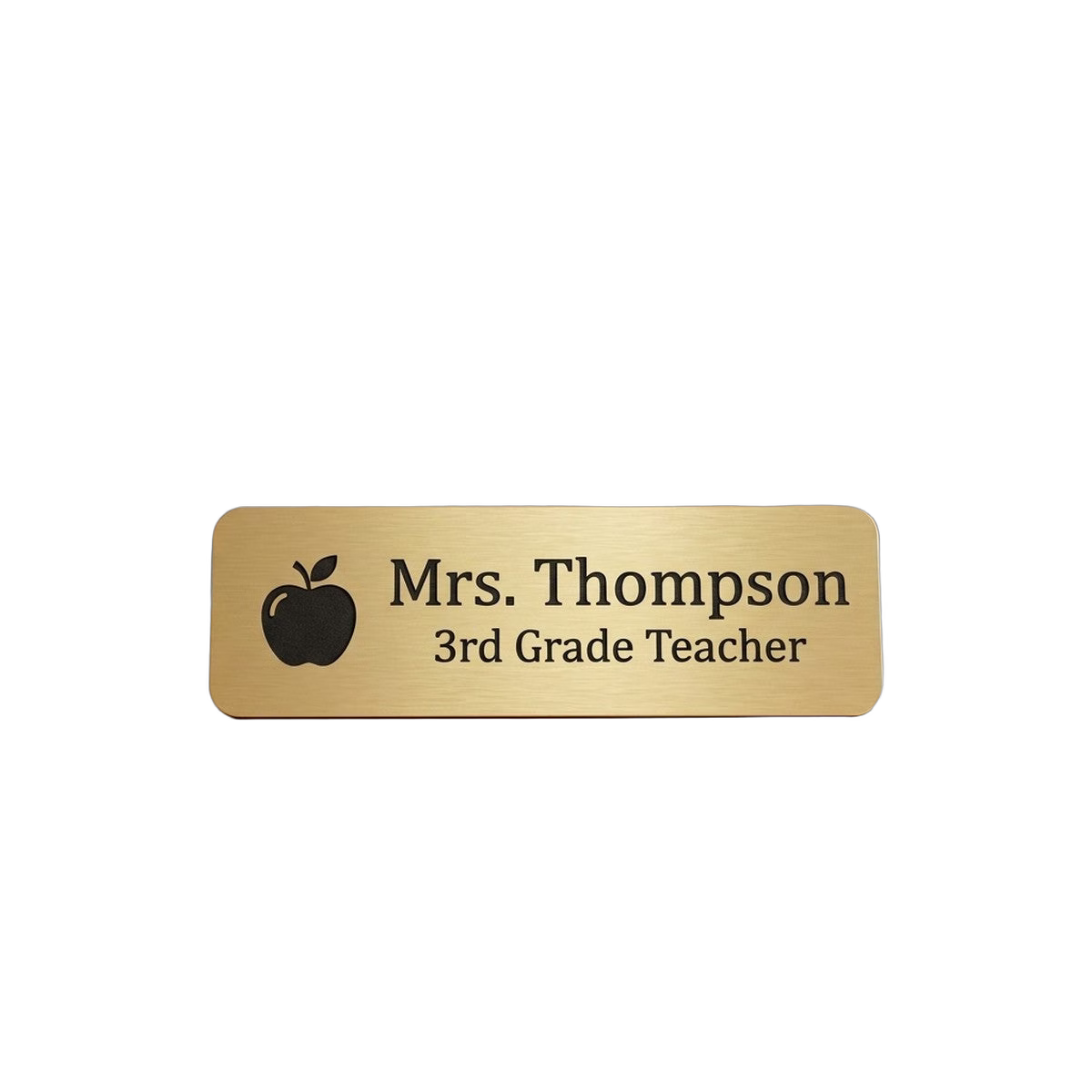 Teacher / School Staff Name Tag — Classroom & Conference Ready — LAMOSE custom laser-engraved professional name tag, Trotec Trolase two-layer acrylic laminate (1.5 × 3 in.) in Brushed Gold with Black engraving, made in Calgary, Canada since 2017.